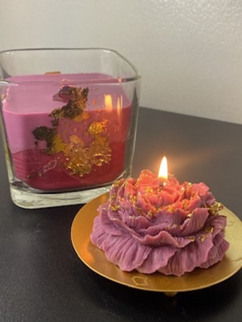 Pink Floral Layered Candle with Gold Leaf Accent
